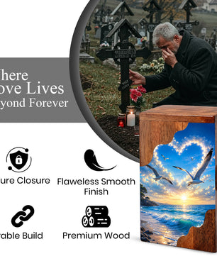 Seaside Sky Wooden Cremation Urn – Ocean Sunset Memorial Urn for Human Ashes