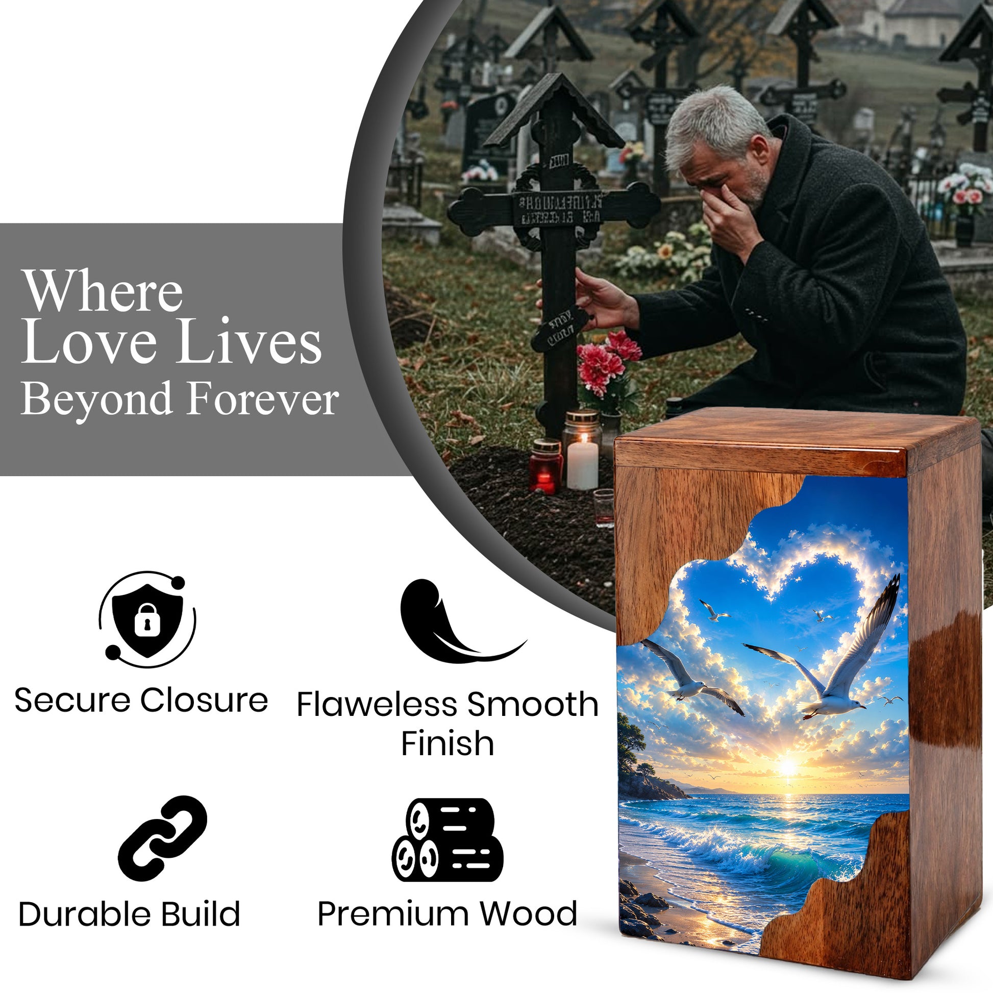 Seaside Sky Wooden Cremation Urn – Ocean Sunset Memorial Urn for Human Ashes