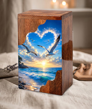 Seaside Sky Wooden Cremation Urn – Ocean Sunset Memorial Urn for Human Ashes