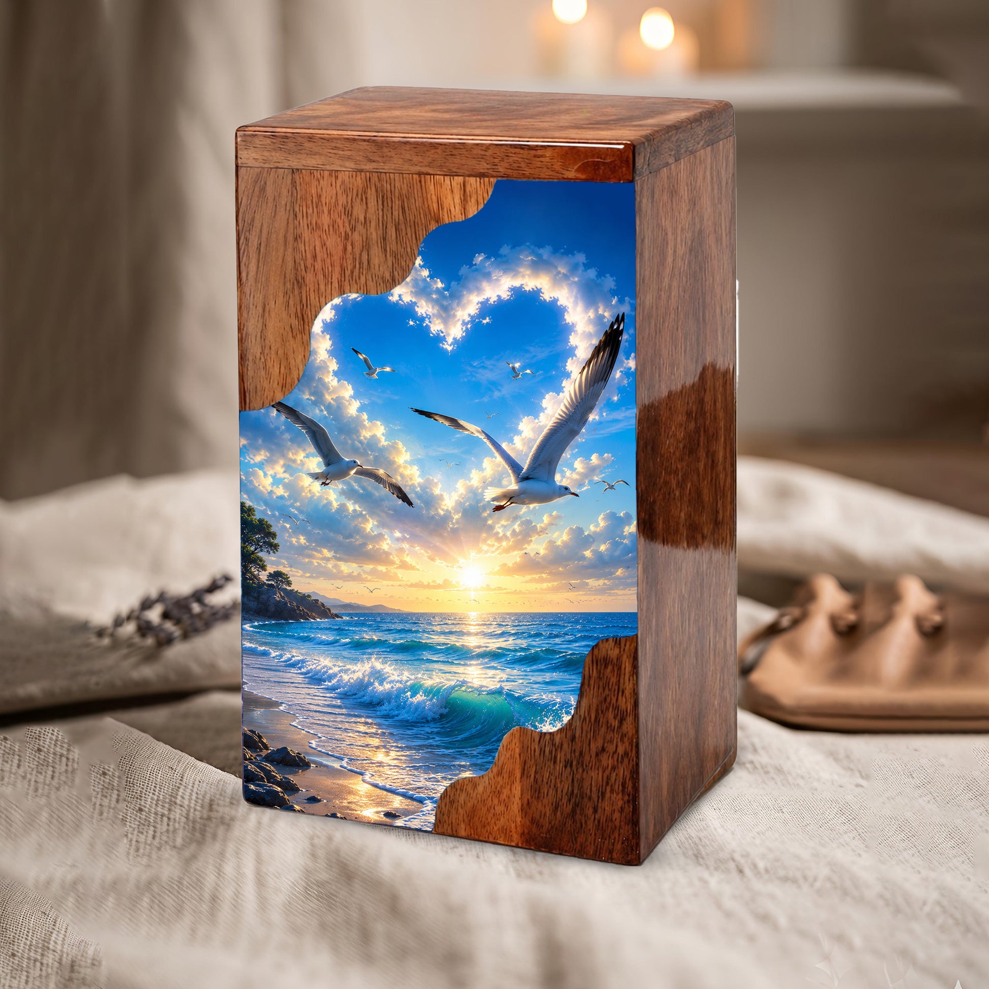 Seaside Sky Wooden Cremation Urn – Ocean Sunset Memorial Urn for Human Ashes