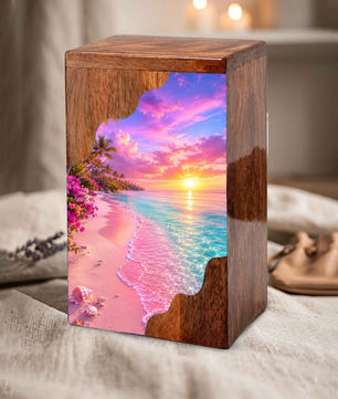 Tropical Sunset Beach Wooden Cremation Urn – Personalized Memorial Urn for Human Ashes