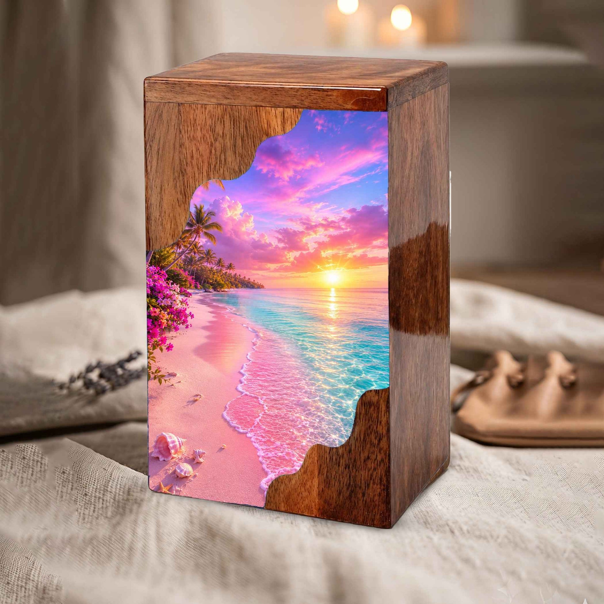 Tropical Sunset Beach Wooden Cremation Urn – Personalized Memorial Urn for Human Ashes