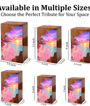 Tropical Sunset Beach Wooden Cremation Urn – Personalized Memorial Urn for Human Ashes