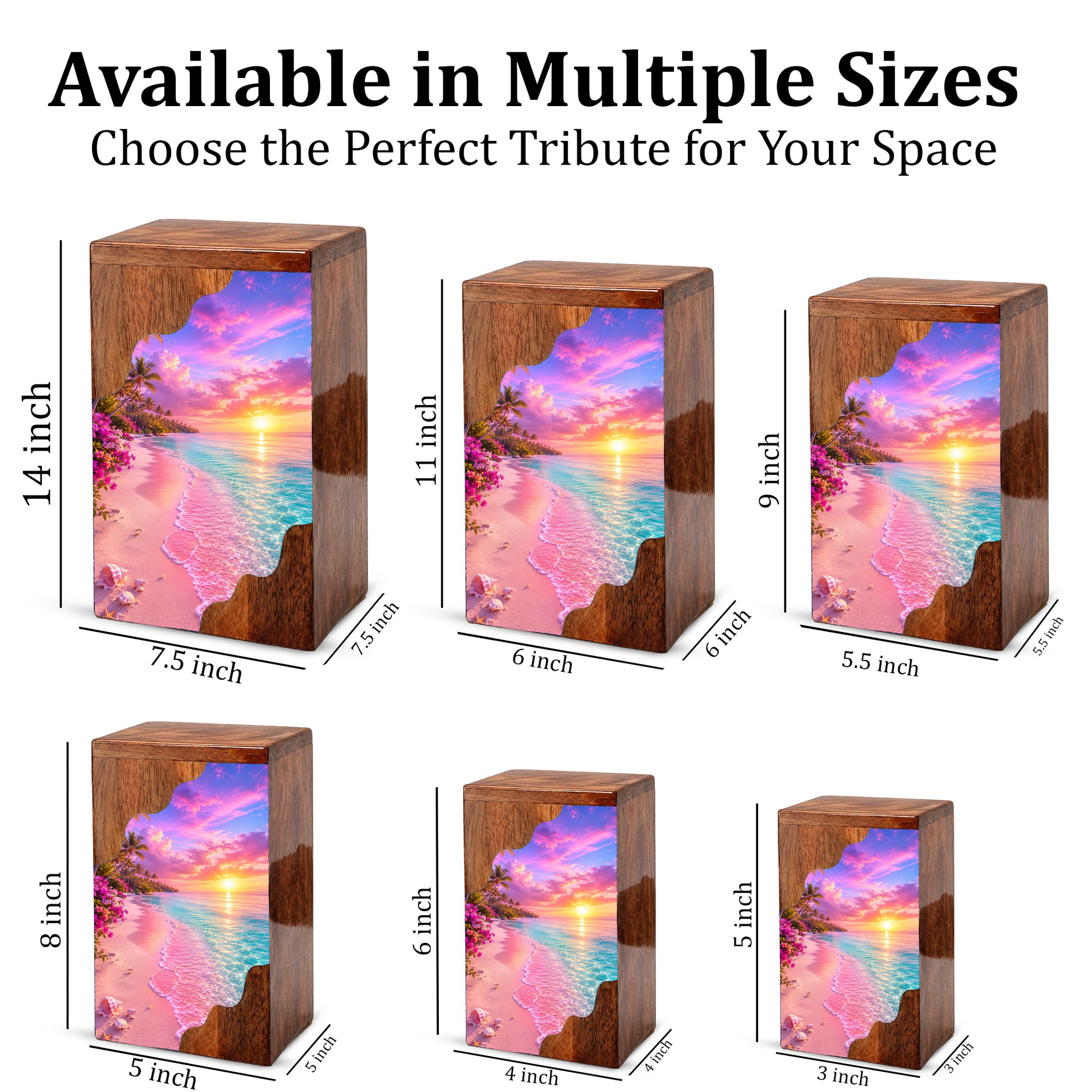 Tropical Sunset Beach Wooden Cremation Urn – Personalized Memorial Urn for Human Ashes