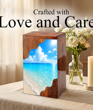 Serene Beach Wooden Cremation Urn – Personalized Memorial Urn for Human Ashes
