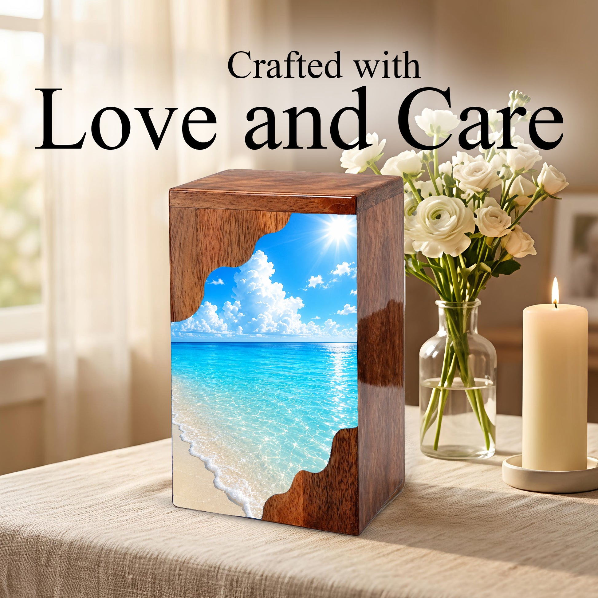 Serene Beach Wooden Cremation Urn – Personalized Memorial Urn for Human Ashes