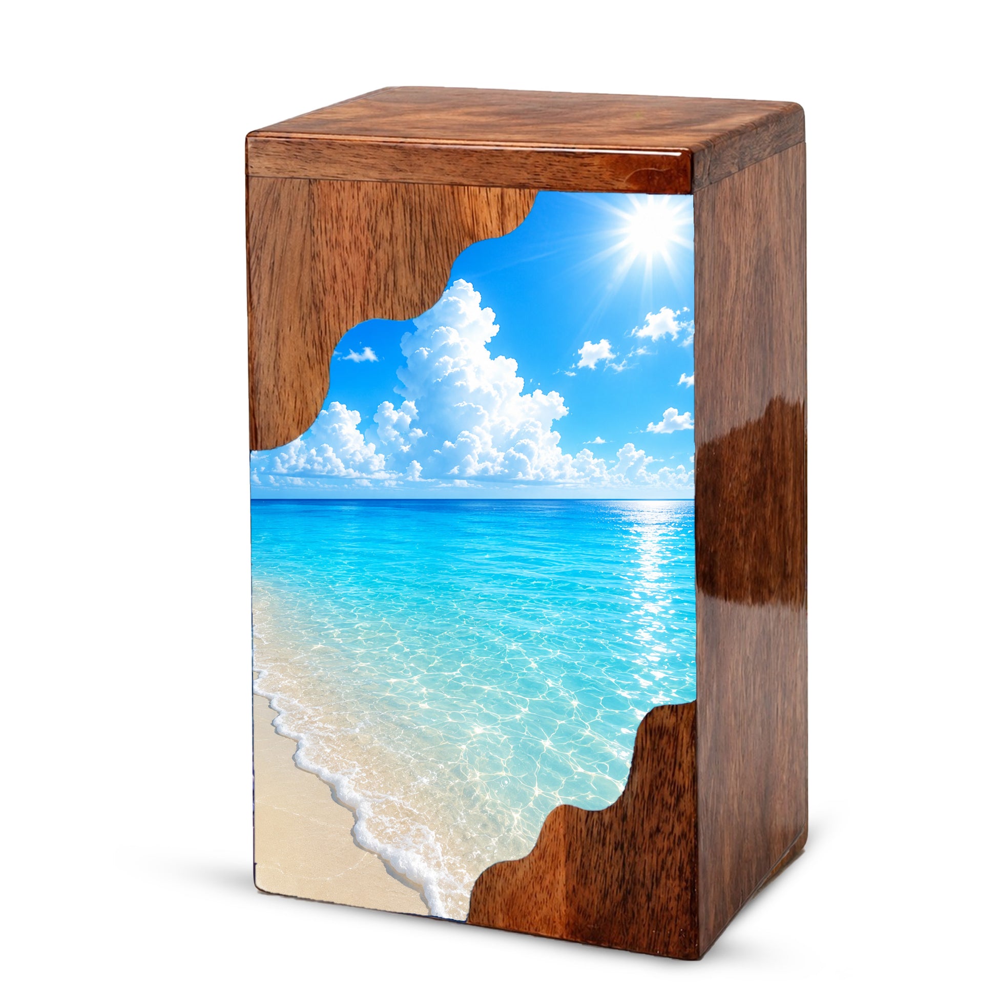 Serene Beach Wooden Cremation Urn – Personalized Memorial Urn for Human Ashes