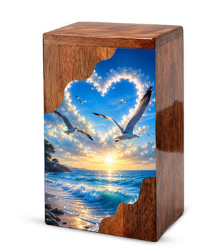 Seaside Sky Wooden Cremation Urn – Ocean Sunset Memorial Urn for Human Ashes