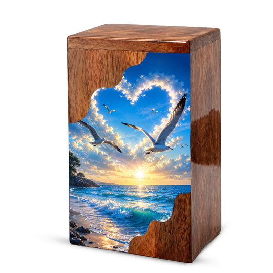 Seaside Sky Wooden Cremation Urn – Ocean Sunset Memorial Urn for Human Ashes