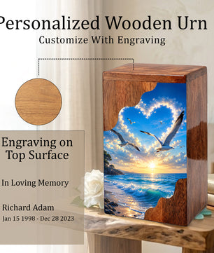 Seaside Sky Wooden Cremation Urn – Ocean Sunset Memorial Urn for Human Ashes