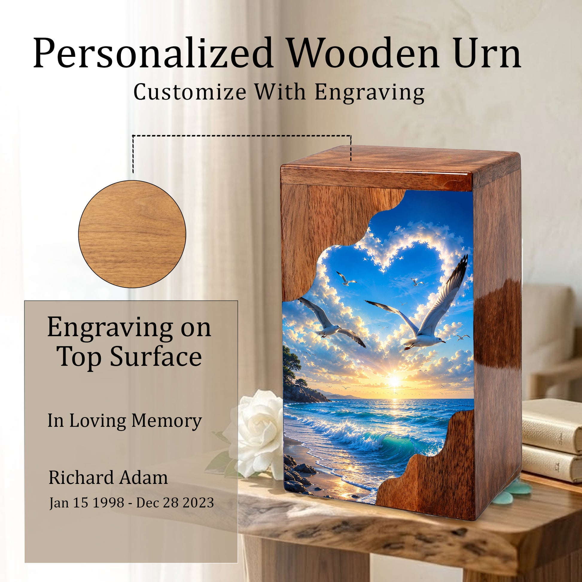 Seaside Sky Wooden Cremation Urn – Ocean Sunset Memorial Urn for Human Ashes