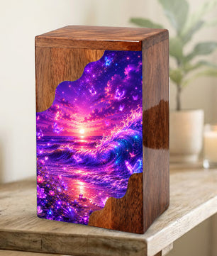 Celestial Ocean Wooden Cremation Urn – Beach Theme Wooden Urn for Human Ashes