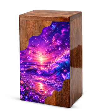 Celestial Ocean Wooden Cremation Urn – Beach Theme Wooden Urn for Human Ashes