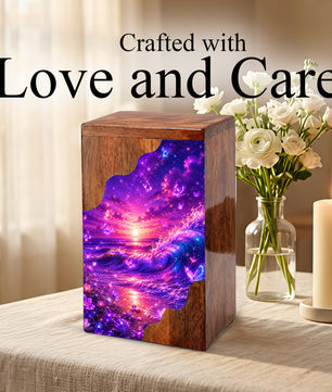 Celestial Ocean Wooden Cremation Urn – Beach Theme Wooden Urn for Human Ashes