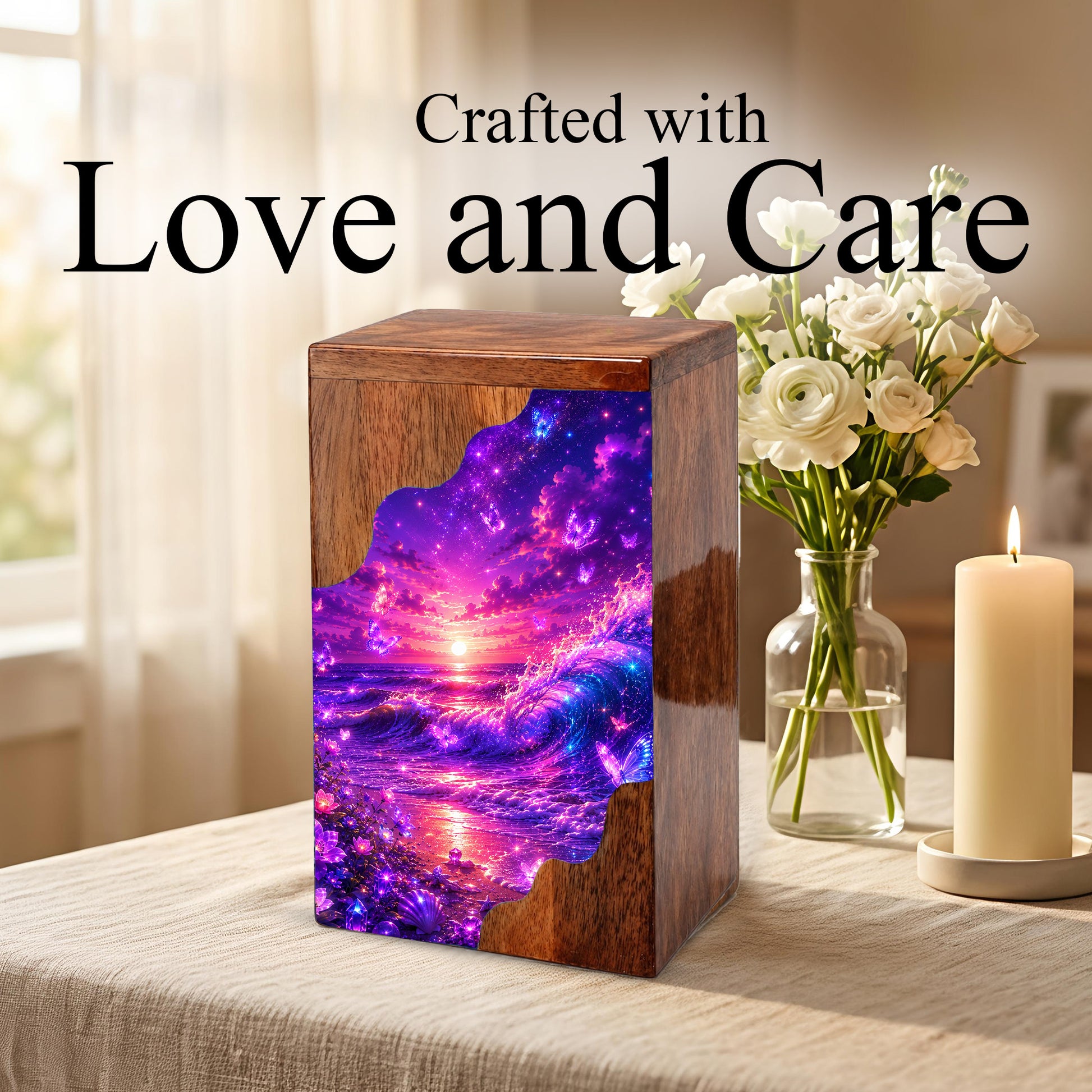 Celestial Ocean Wooden Cremation Urn – Beach Theme Wooden Urn for Human Ashes