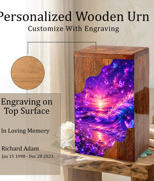 Celestial Ocean Wooden Cremation Urn – Beach Theme Wooden Urn for Human Ashes