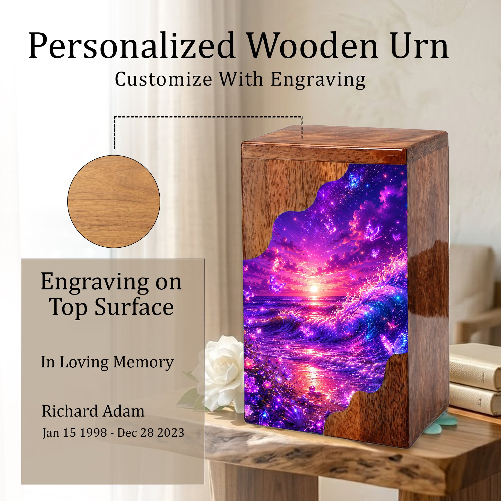 Celestial Ocean Wooden Cremation Urn – Beach Theme Wooden Urn for Human Ashes