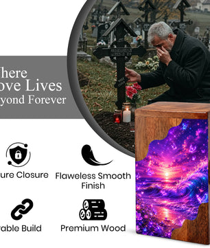 Celestial Ocean Wooden Cremation Urn – Beach Theme Wooden Urn for Human Ashes