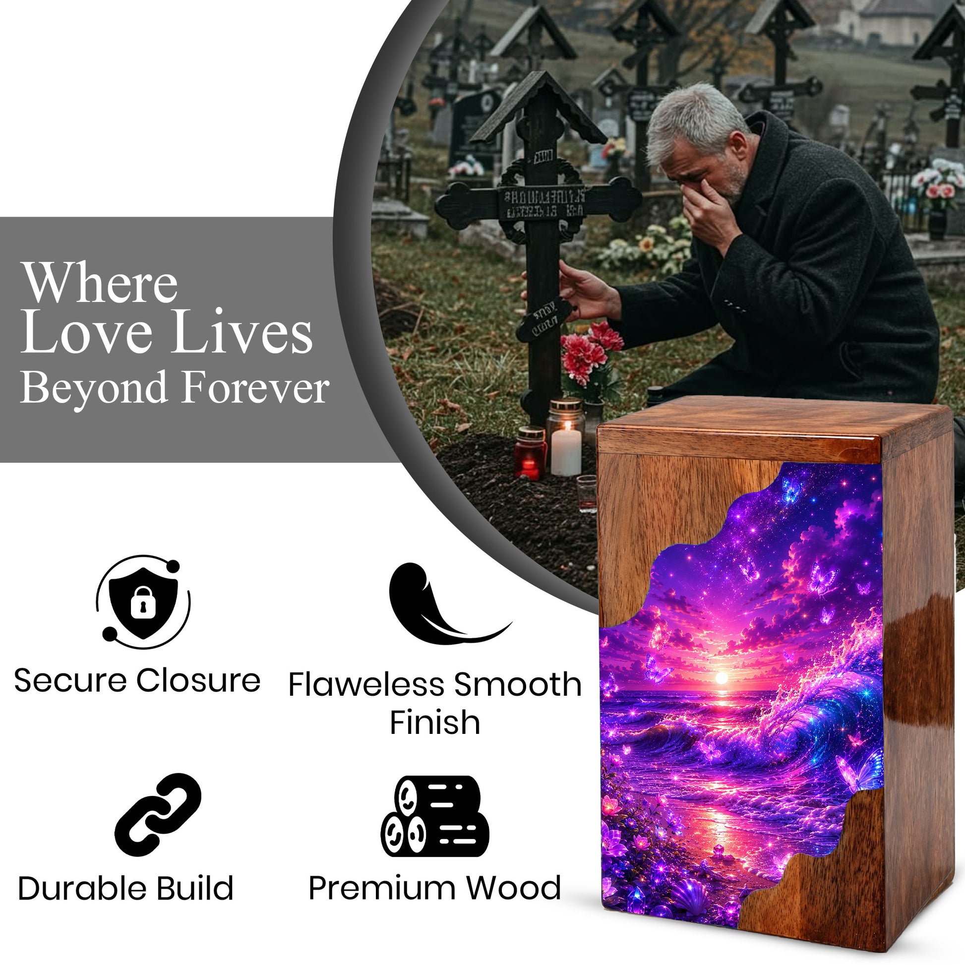 Celestial Ocean Wooden Cremation Urn – Beach Theme Wooden Urn for Human Ashes