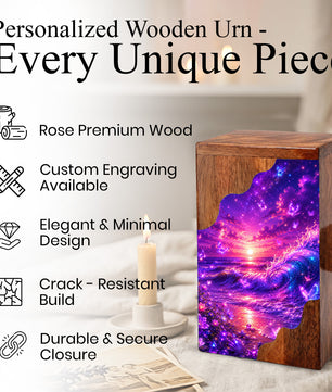 Celestial Ocean Wooden Cremation Urn – Beach Theme Wooden Urn for Human Ashes