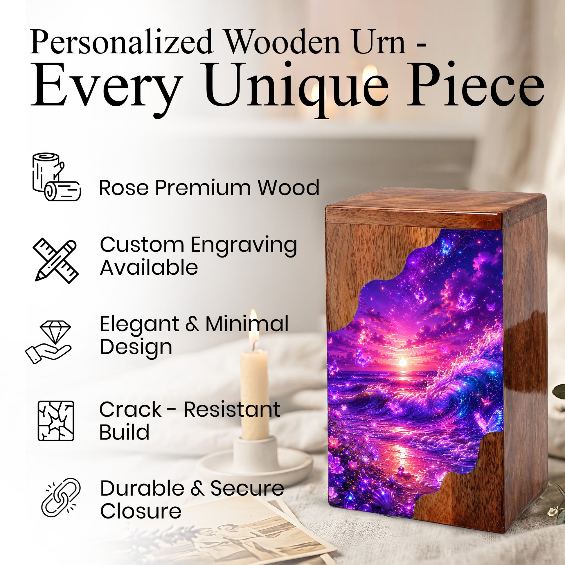 Celestial Ocean Wooden Cremation Urn – Beach Theme Wooden Urn for Human Ashes