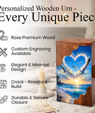 Seaside Sky Wooden Cremation Urn – Ocean Sunset Memorial Urn for Human Ashes