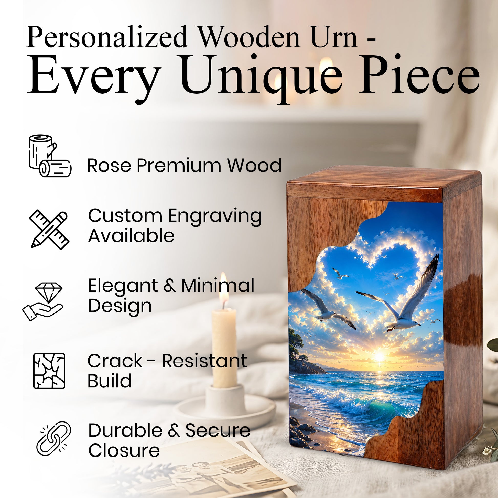 Seaside Sky Wooden Cremation Urn – Ocean Sunset Memorial Urn for Human Ashes