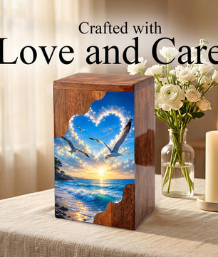 Seaside Sky Wooden Cremation Urn – Ocean Sunset Memorial Urn for Human Ashes