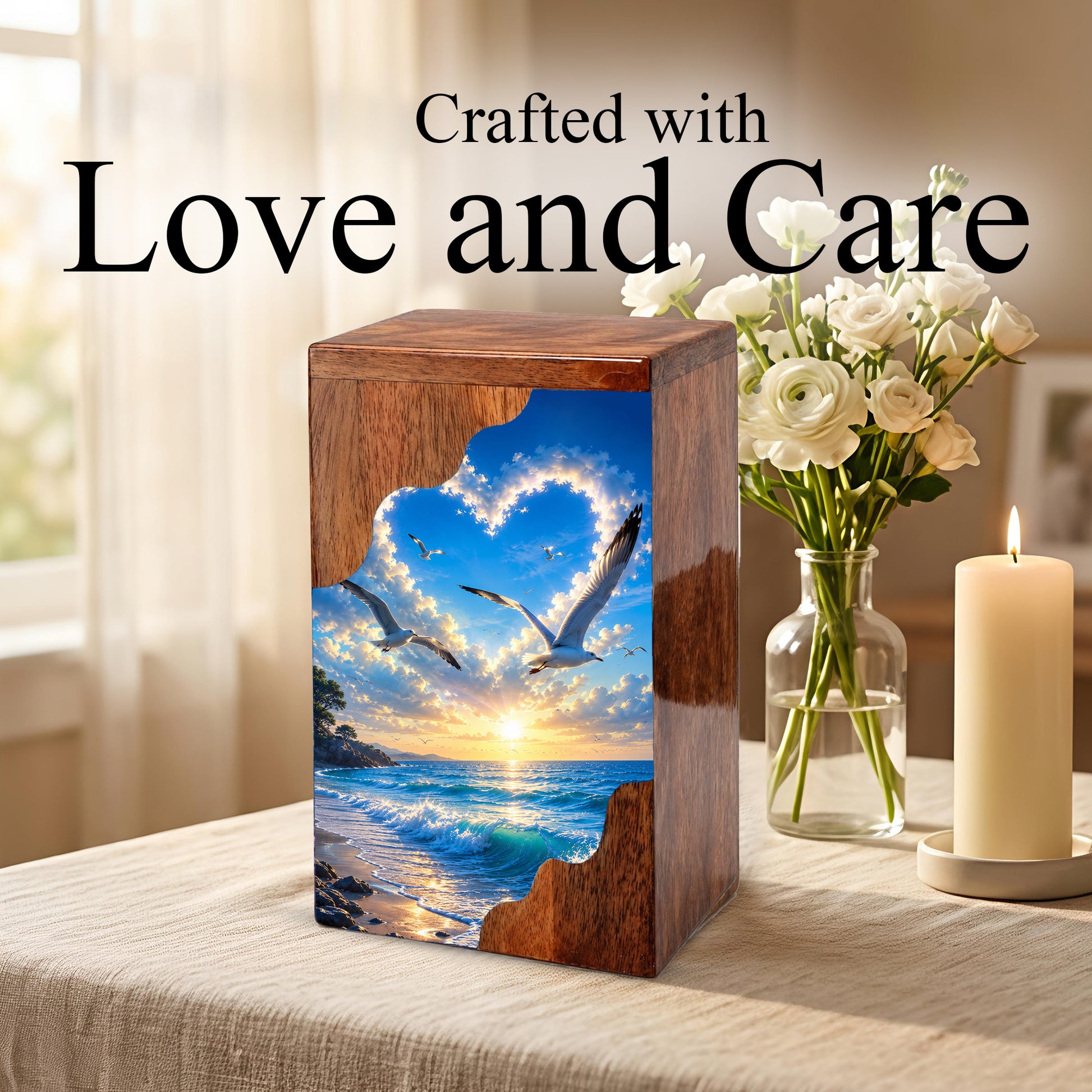 Seaside Sky Wooden Cremation Urn – Ocean Sunset Memorial Urn for Human Ashes