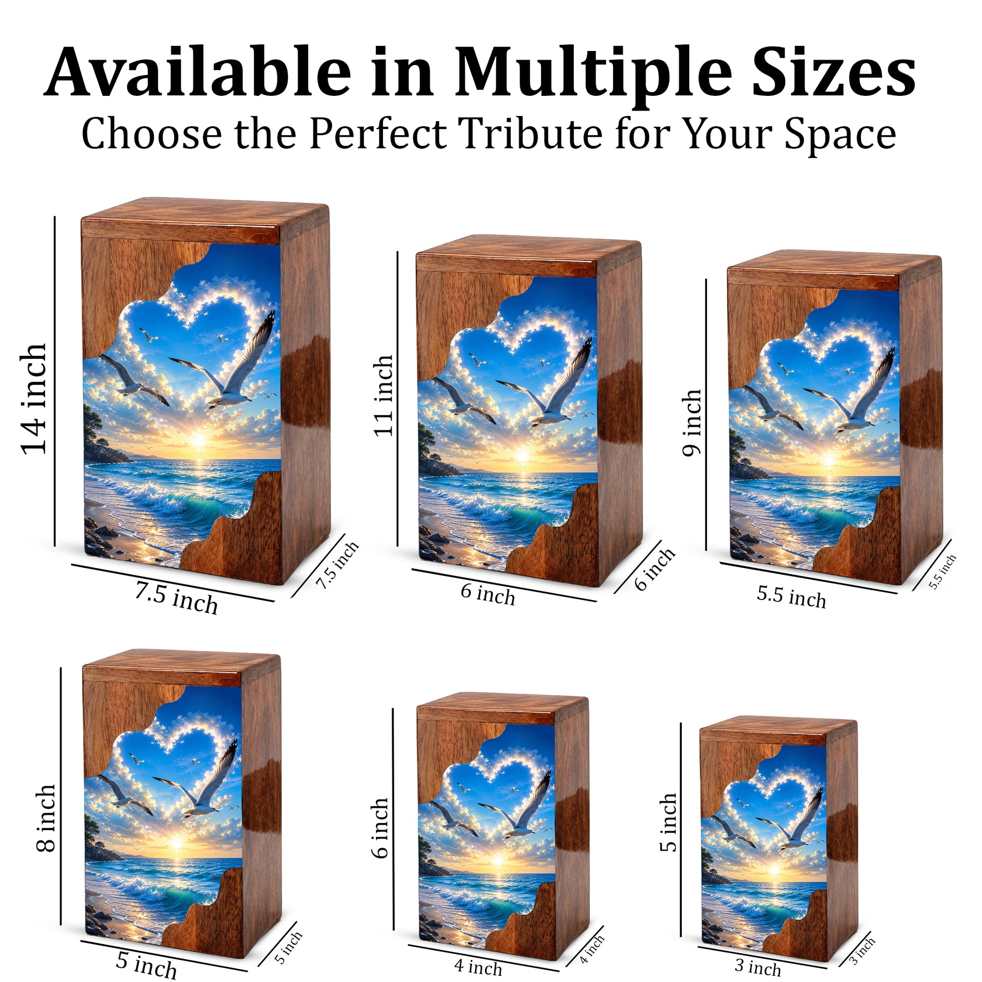 Seaside Sky Wooden Cremation Urn – Ocean Sunset Memorial Urn for Human Ashes