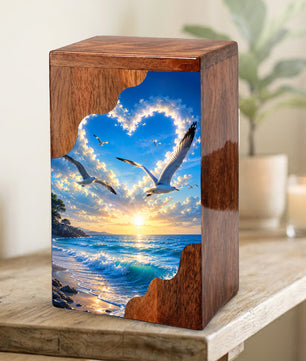 Seaside Sky Wooden Cremation Urn – Ocean Sunset Memorial Urn for Human Ashes