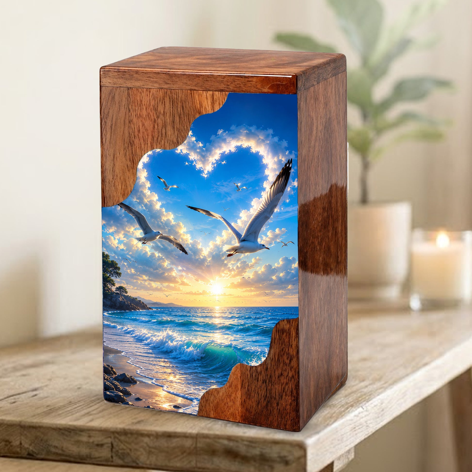 Seaside Sky Wooden Cremation Urn – Ocean Sunset Memorial Urn for Human Ashes