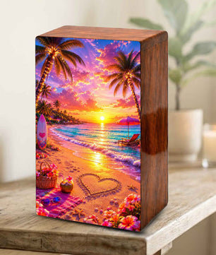 Ocean Heart Cremation Urn – Beach Wooden Urn Box for Male and Female