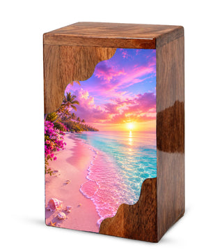 Tropical Sunset Beach Wooden Cremation Urn – Personalized Memorial Urn for Human Ashes