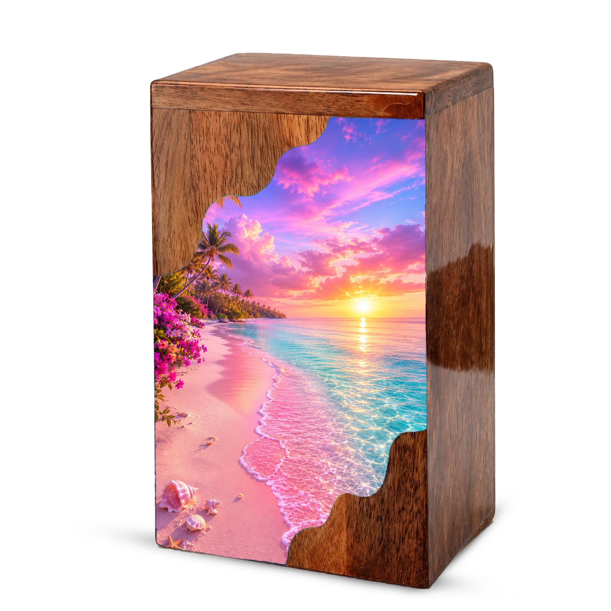 Tropical Sunset Beach Wooden Cremation Urn – Personalized Memorial Urn for Human Ashes