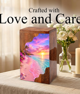 Tropical Sunset Beach Wooden Cremation Urn – Personalized Memorial Urn for Human Ashes