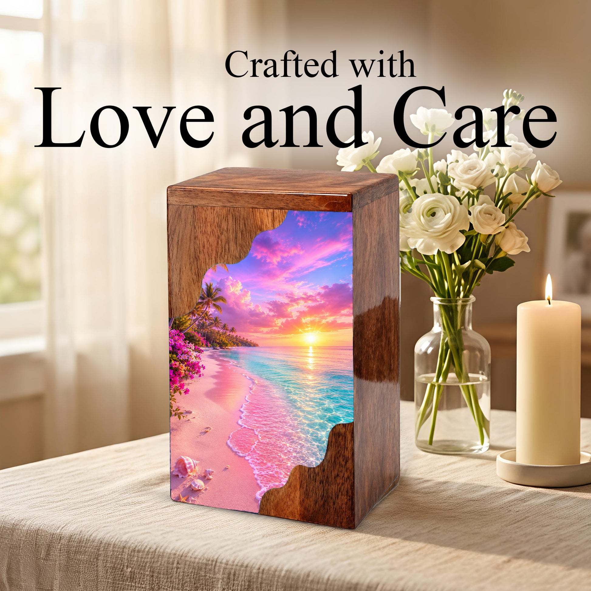 Tropical Sunset Beach Wooden Cremation Urn – Personalized Memorial Urn for Human Ashes