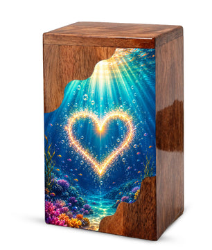 Personalized Ocean Heart Wooden Cremation Urn – Custom Memorial Urn with Underwater Heart
