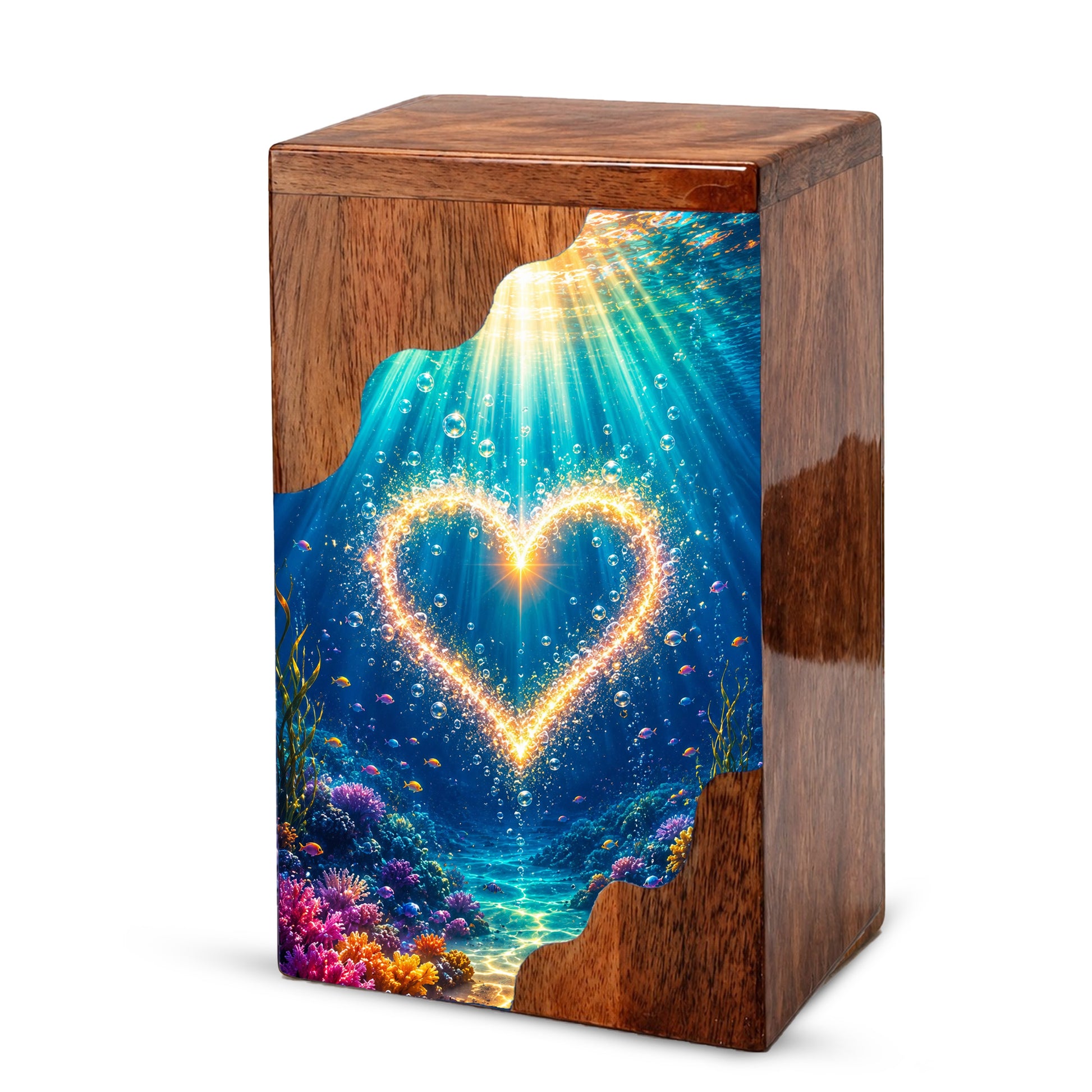Personalized Ocean Heart Wooden Cremation Urn – Custom Memorial Urn with Underwater Heart