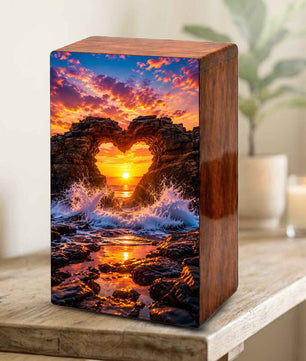 Ocean Wave Heart Urn – Sunset Beach Wooden Urn Box for Human Ashes