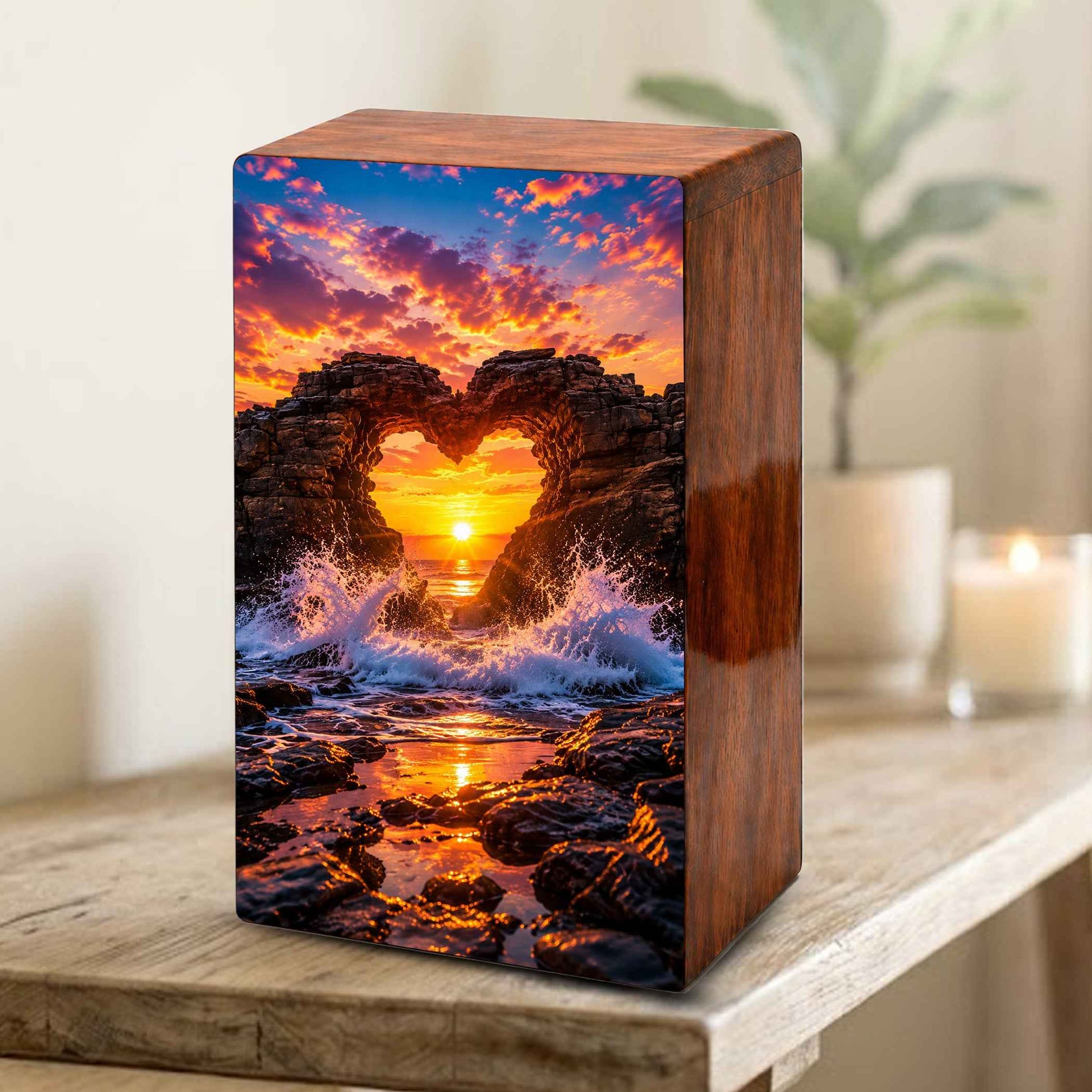 Ocean Wave Heart Urn – Sunset Beach Wooden Urn Box for Human Ashes