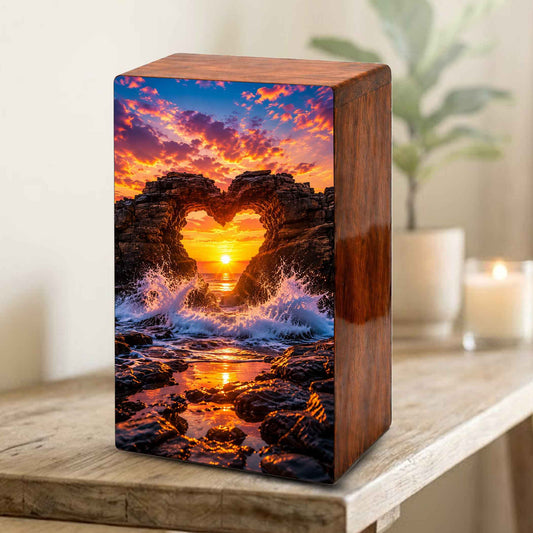 Ocean Wave Heart Urn – Sunset Beach Wooden Urn Box for Human Ashes