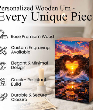 Ocean Wave Heart Urn – Sunset Beach Wooden Urn Box for Human Ashes