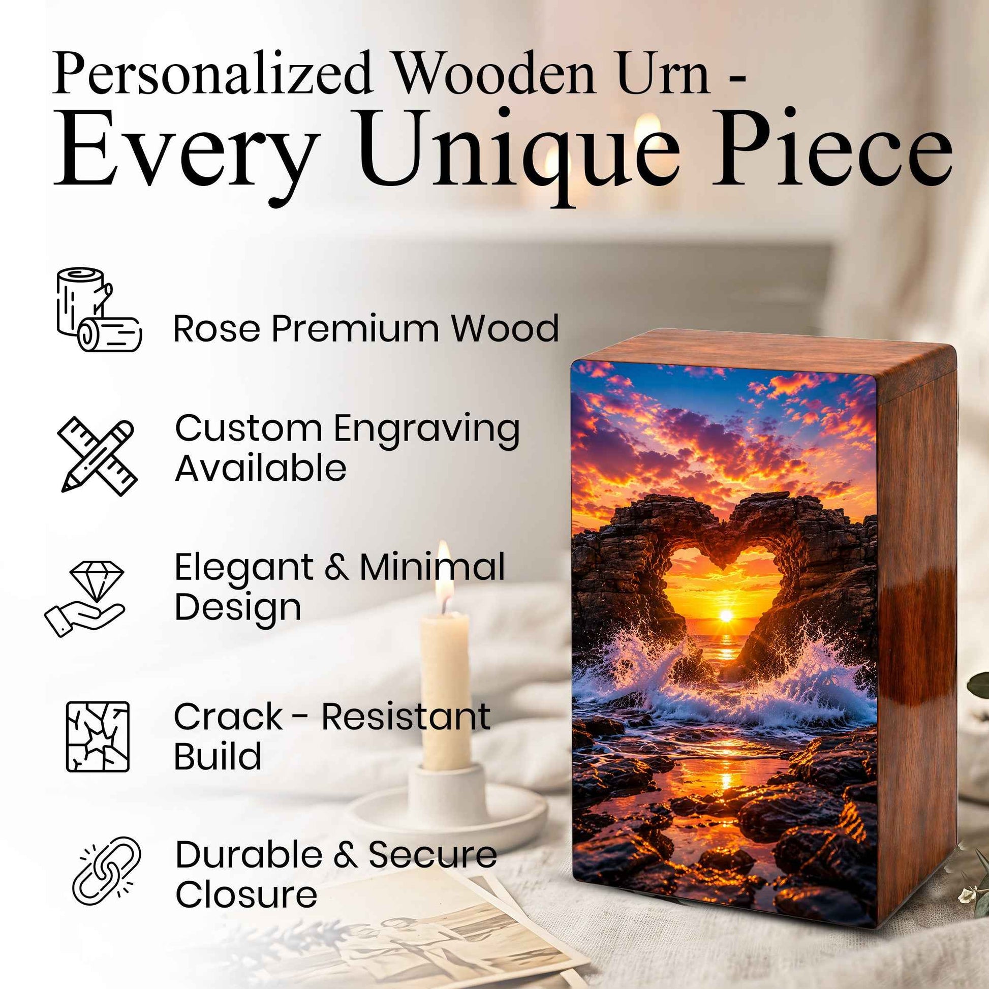 Ocean Wave Heart Urn – Sunset Beach Wooden Urn Box for Human Ashes