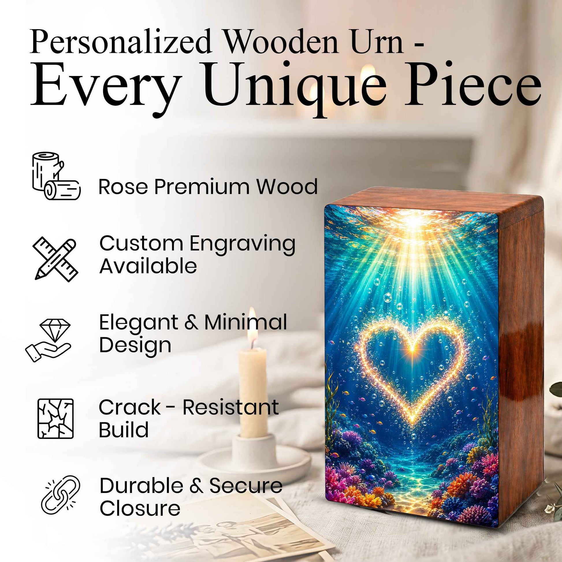 Ocean Urn For Female Ashes - Heart Funeral Box For Adult Men & Women