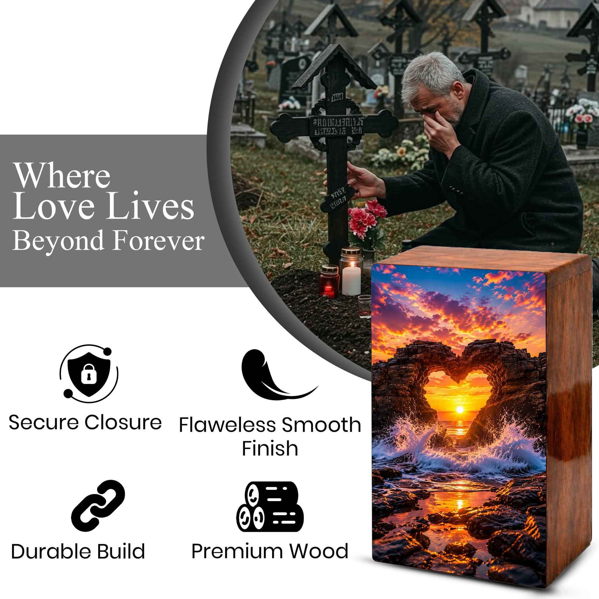 Ocean Wave Heart Urn – Sunset Beach Wooden Urn Box for Human Ashes