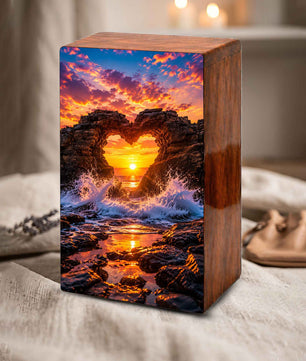 Ocean Wave Heart Urn – Sunset Beach Wooden Urn Box for Human Ashes