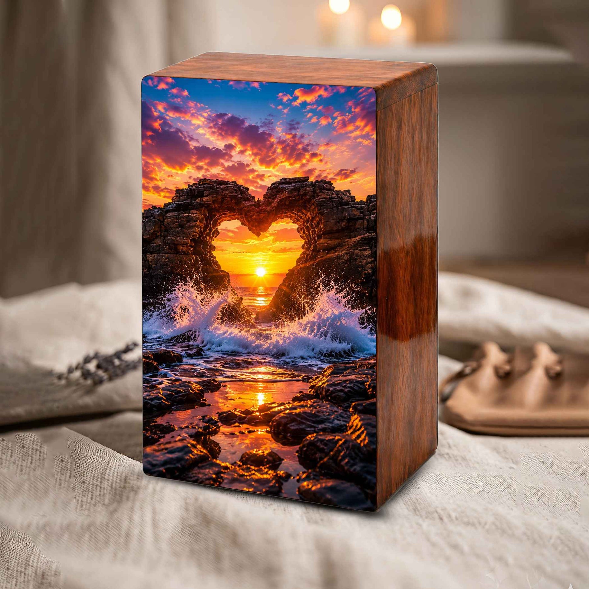 Ocean Wave Heart Urn – Sunset Beach Wooden Urn Box for Human Ashes