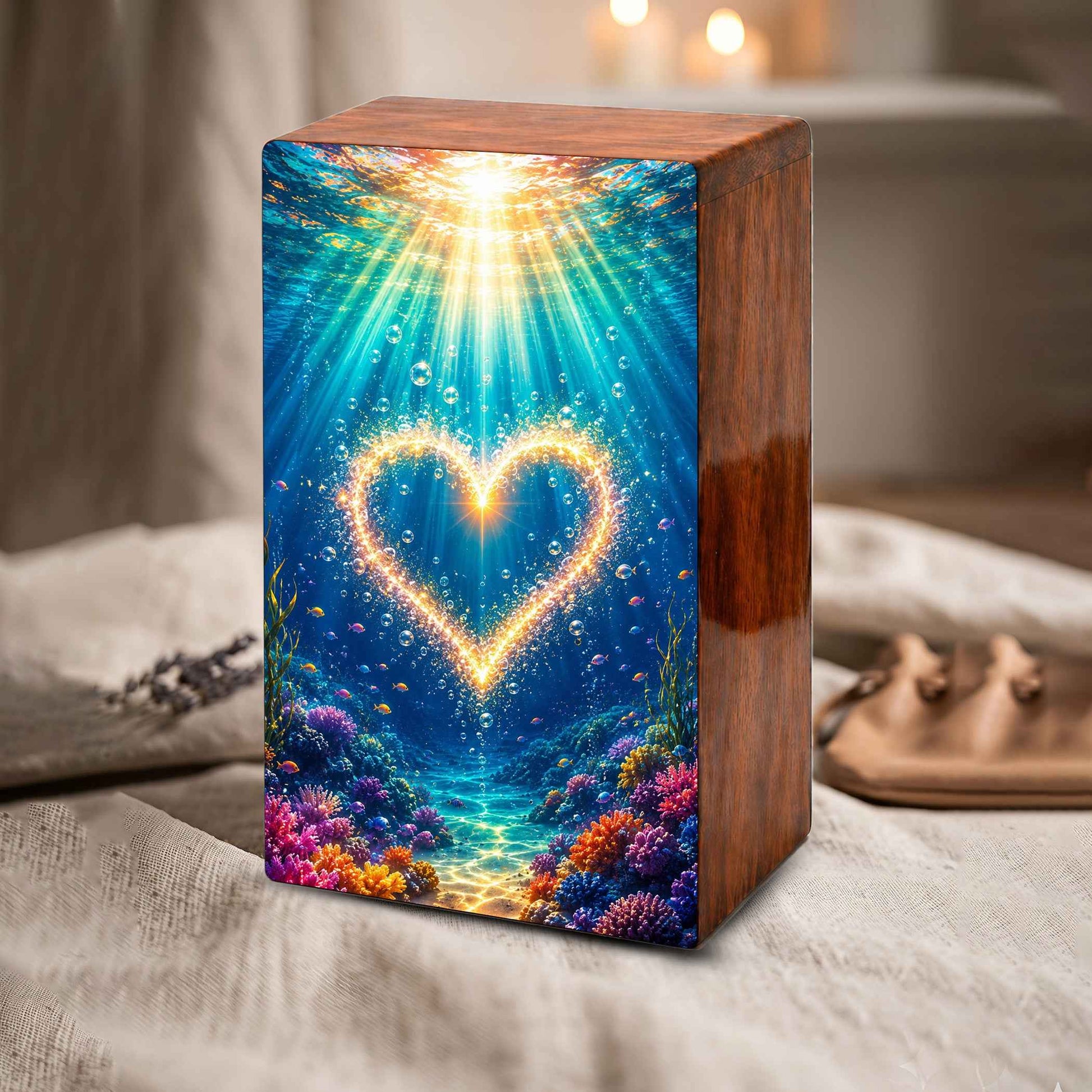 Ocean Urn For Female Ashes - Heart Funeral Box For Adult Men & Women