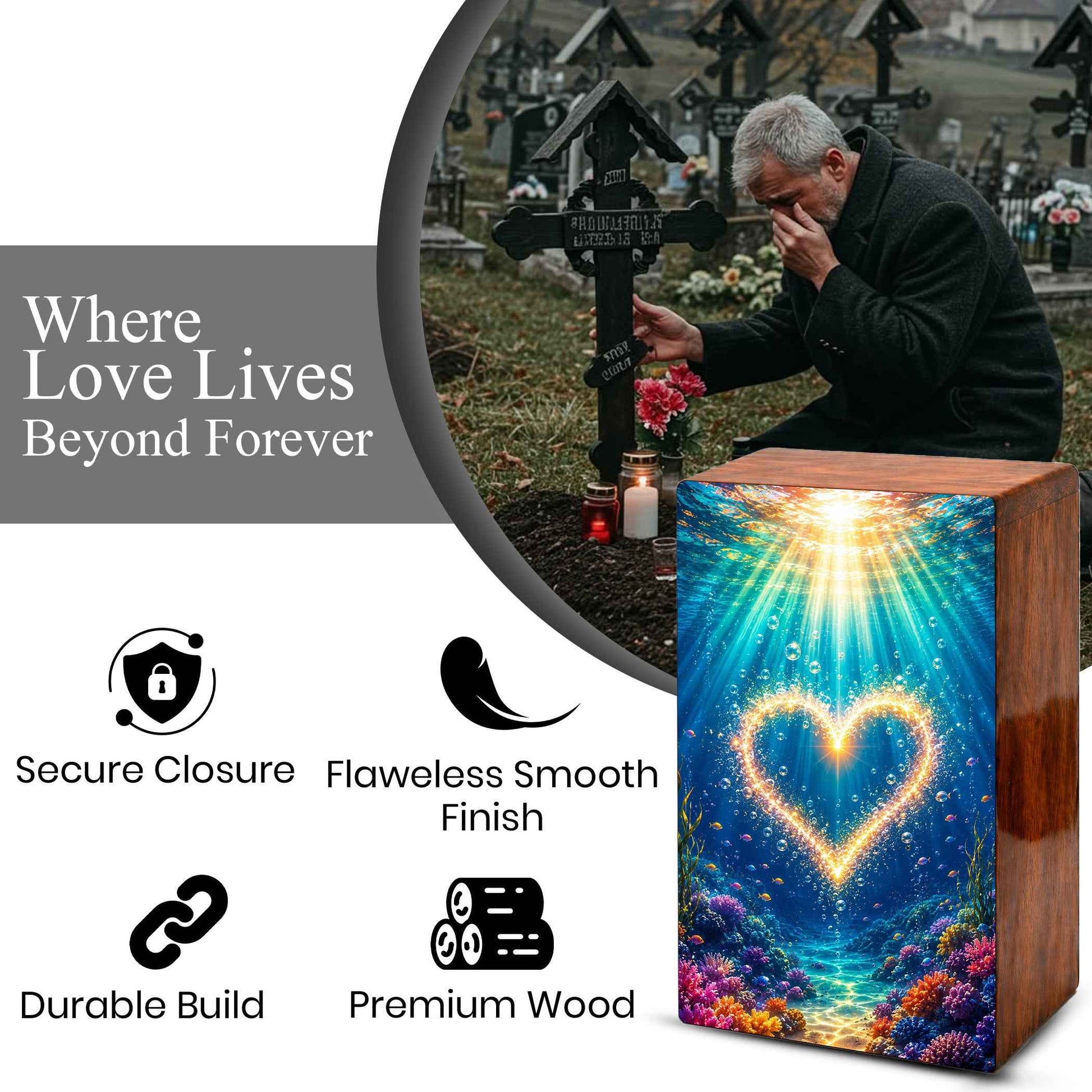 Ocean Urn For Female Ashes - Heart Funeral Box For Adult Men & Women